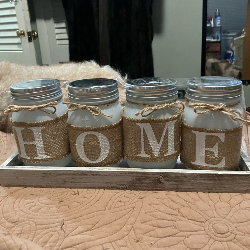 Home Mason Jar Set In Wood Tray